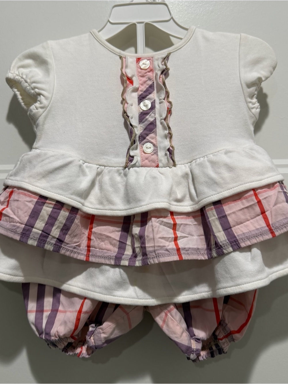 Burberry White Top with Pink & Purple Plaid Bloomers Set